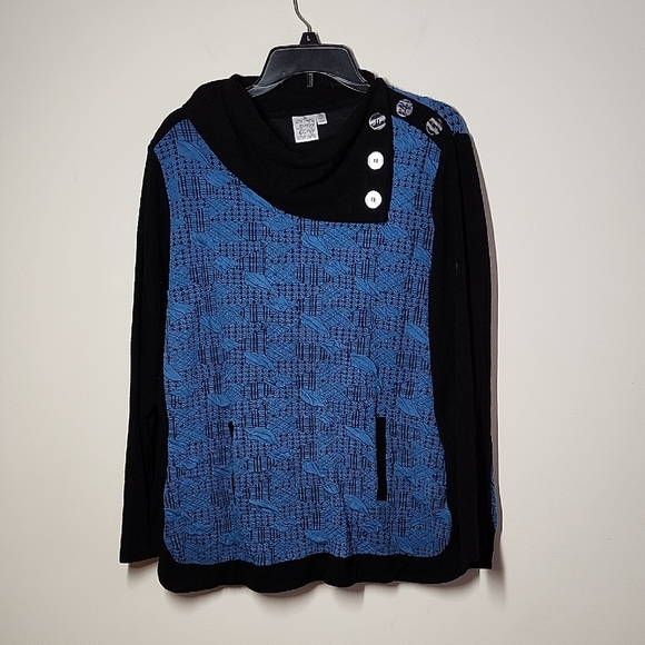 Parsley & Sage Chic Blue and Black Asymmetrical Neck Buttoned Sweater XL - Picture 1 of 9